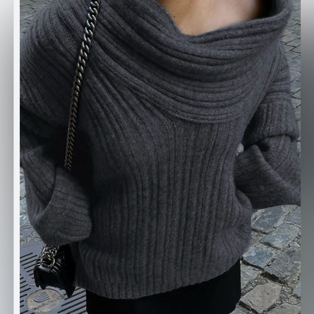 Off-the-Shoulder Ribbed Sweater - Gray - Picture 8 of 8